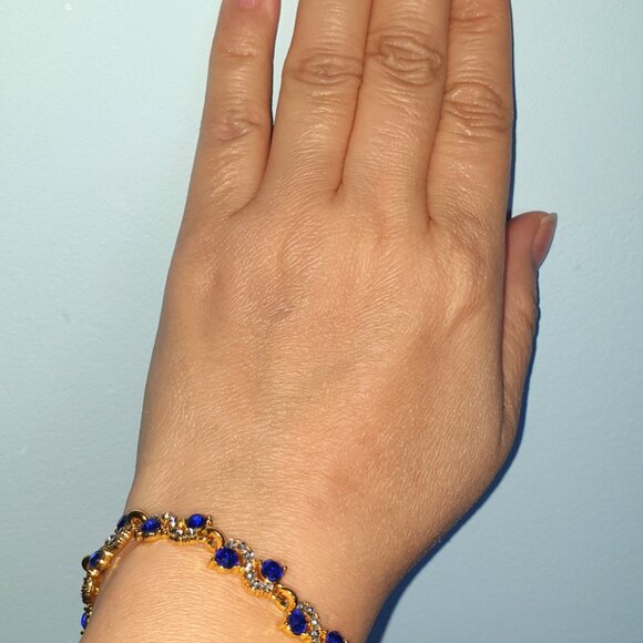 Beautiful Dark Blue Crystal White CZ Yellow Gold Tone Bracelet - Picture 4 of 11